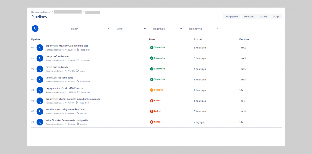 liste des déploiements bitbucket pipelines