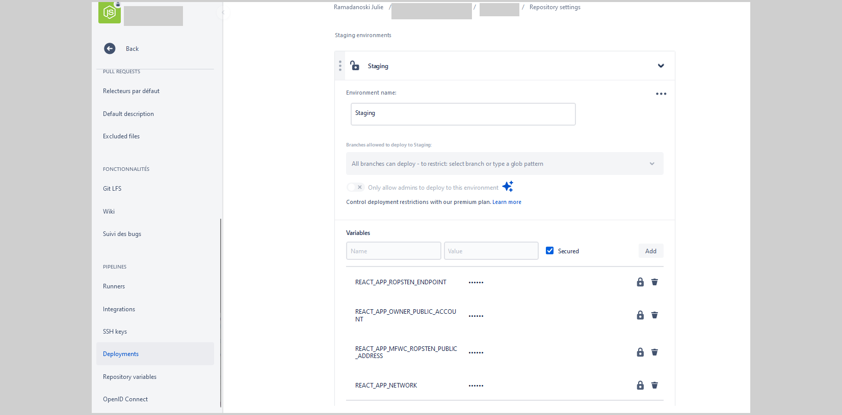 bitbucket pipelines variables d'environement, remplace le fichier .env
